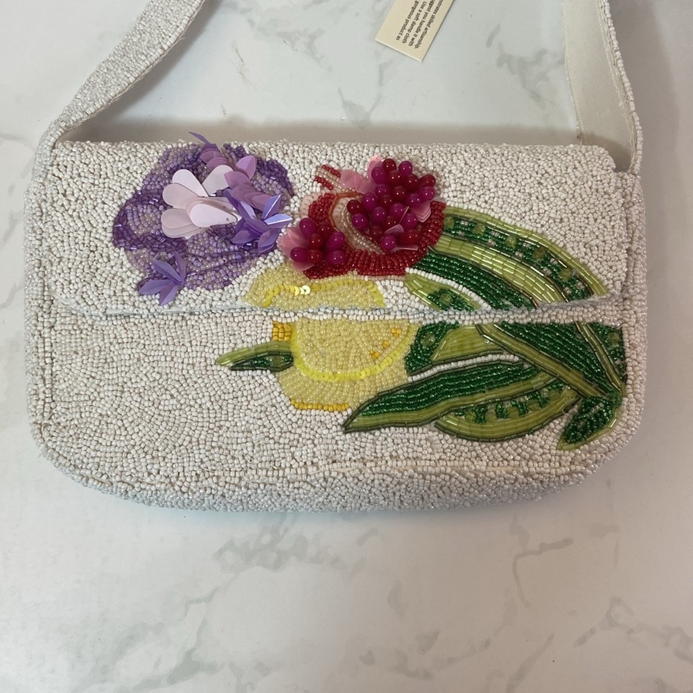 Viral Floral Beaded Bag White Pink Tulip Handmade India Top Handle Shoulder - Picture 2 of 7